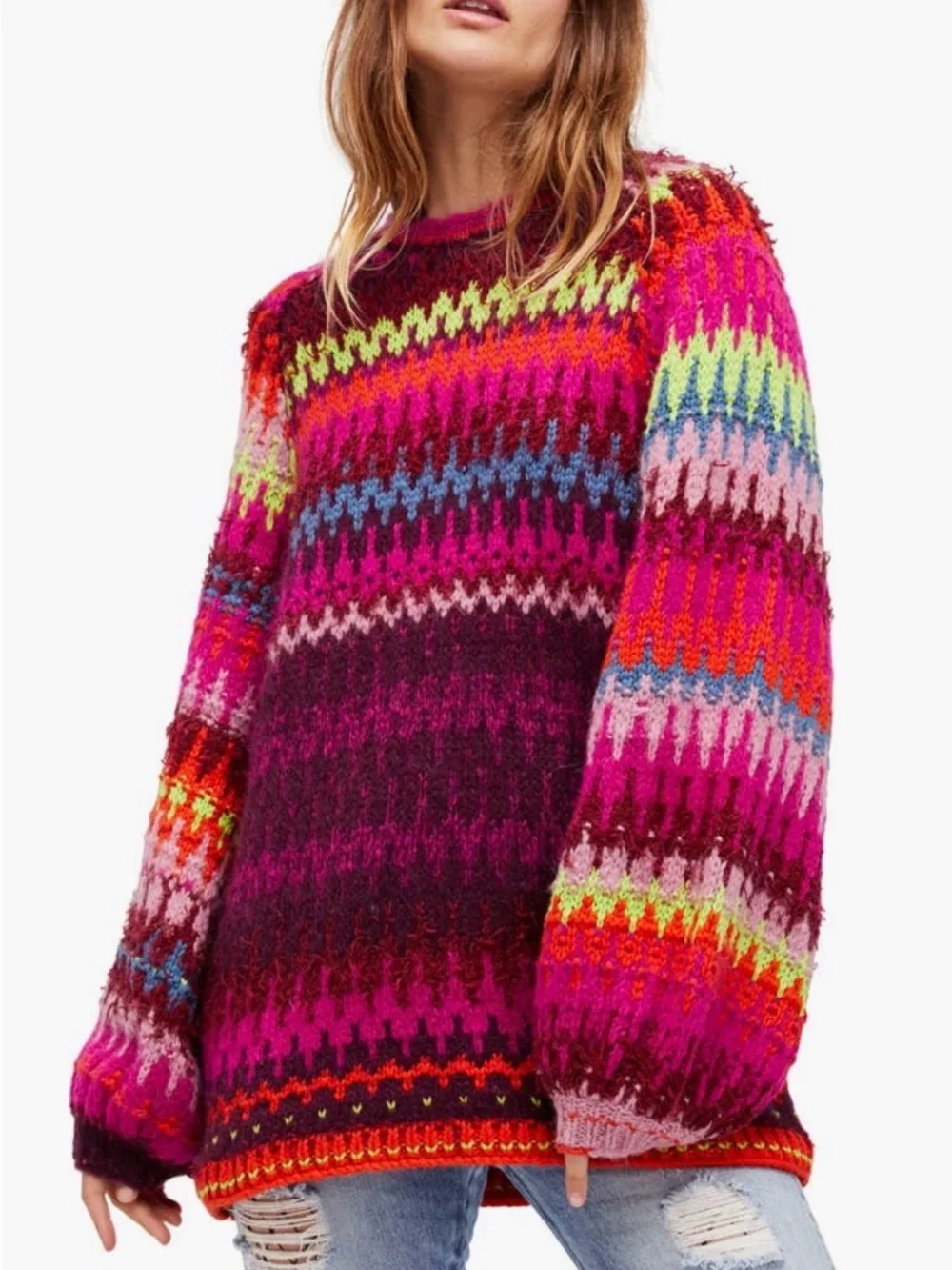 Free People Multicolor Fair Isle Crewneck Sweater in Burgundy, Pink, Neon Yellow